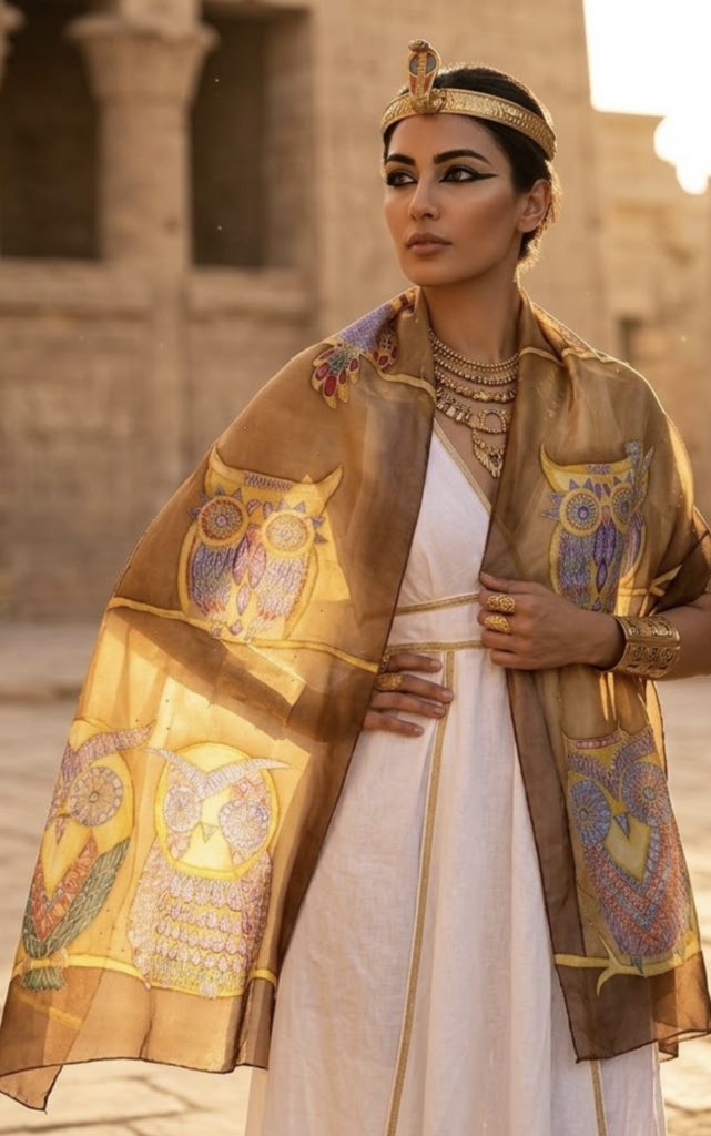 hand painted silk scarf Owl desert style