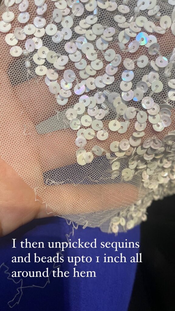 Ronald Joyce bridal Alterations for a fully sequined dress with long train being cut off