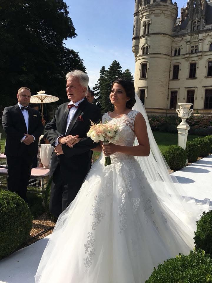 Warlingham wedding dress full ball gown lace bodice full skirt bride with dad