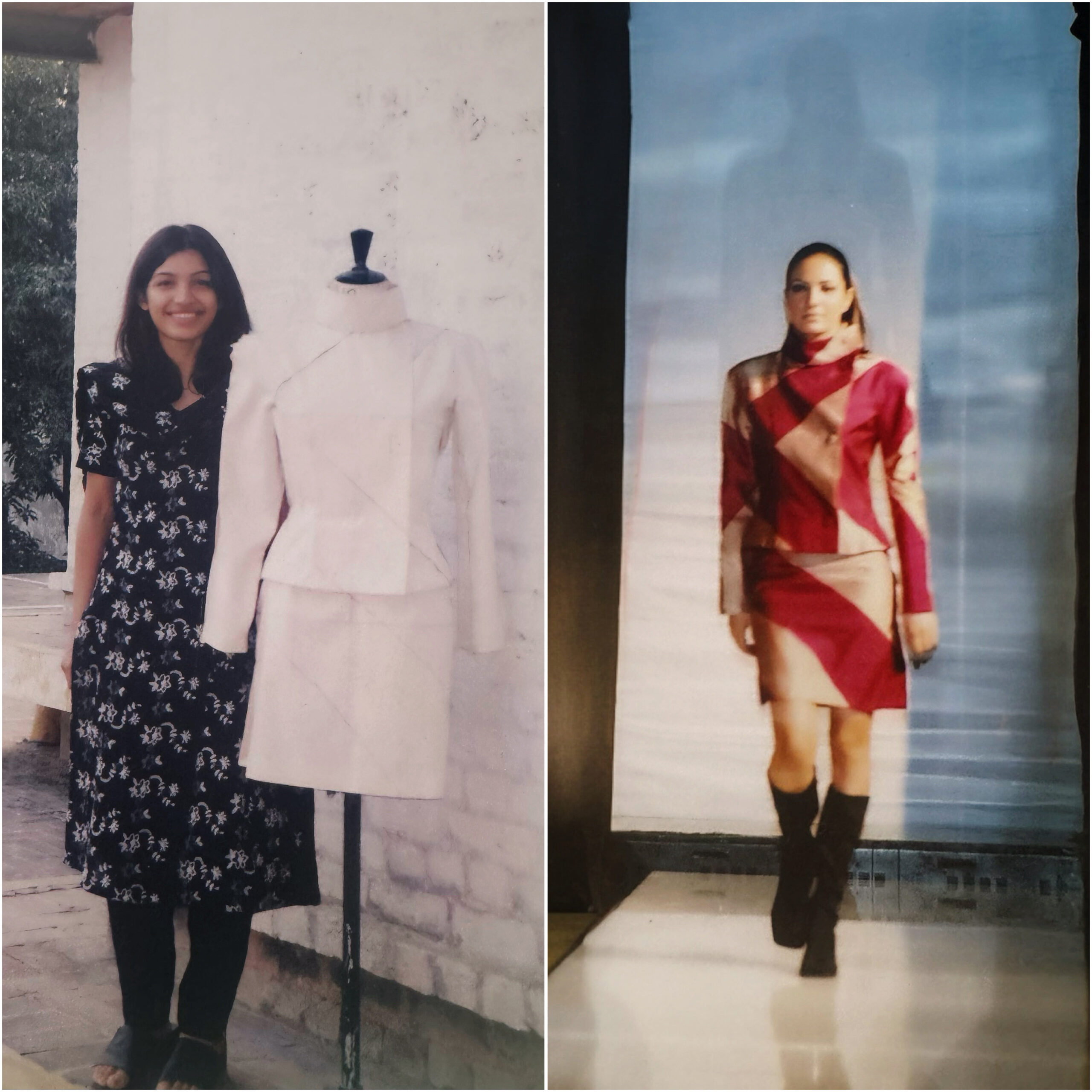 Asymmetrical jacket design by fashion student presented on runway during training