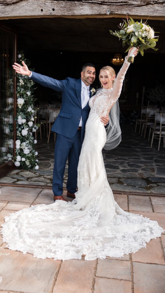 Altered this Dubai bride’s Martina Lisba wedding dress by two sizes, happy bride and groom on the wedding day.