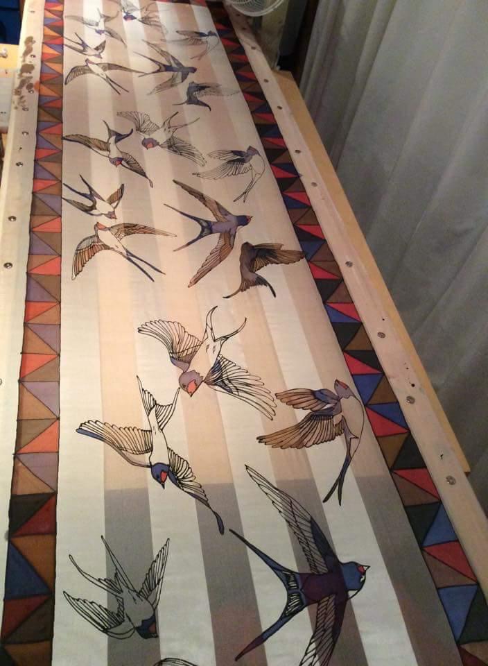 finished hand painted silk swallow scarf bespoke UK commission french
