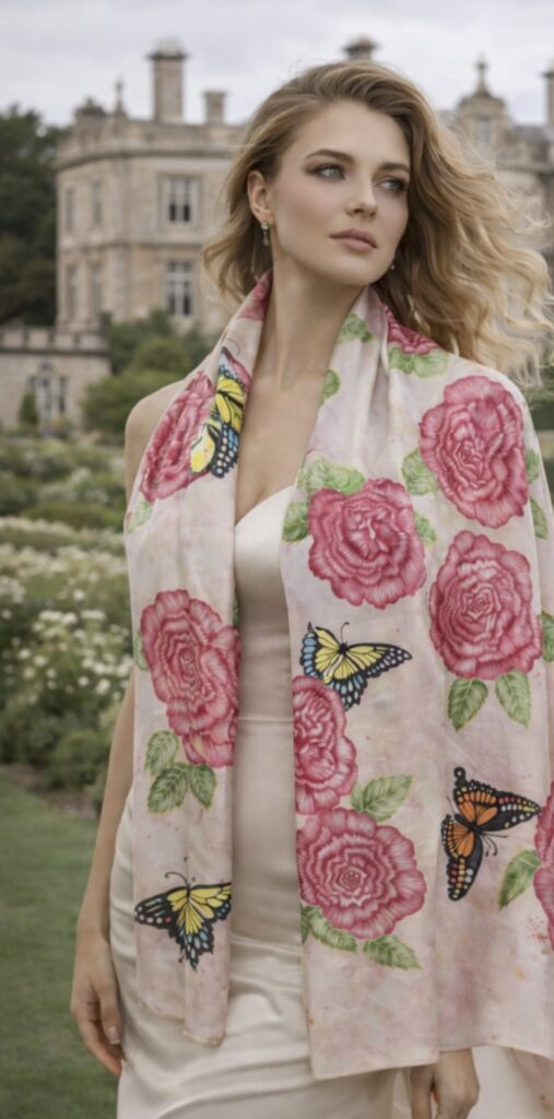 Hand-painted silk scarf with pink roses and butterflies on soft background, created in Sutton Surrey