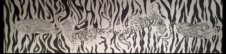 prowling tigers silk scarf black white hand painted silk Sutton Surrey