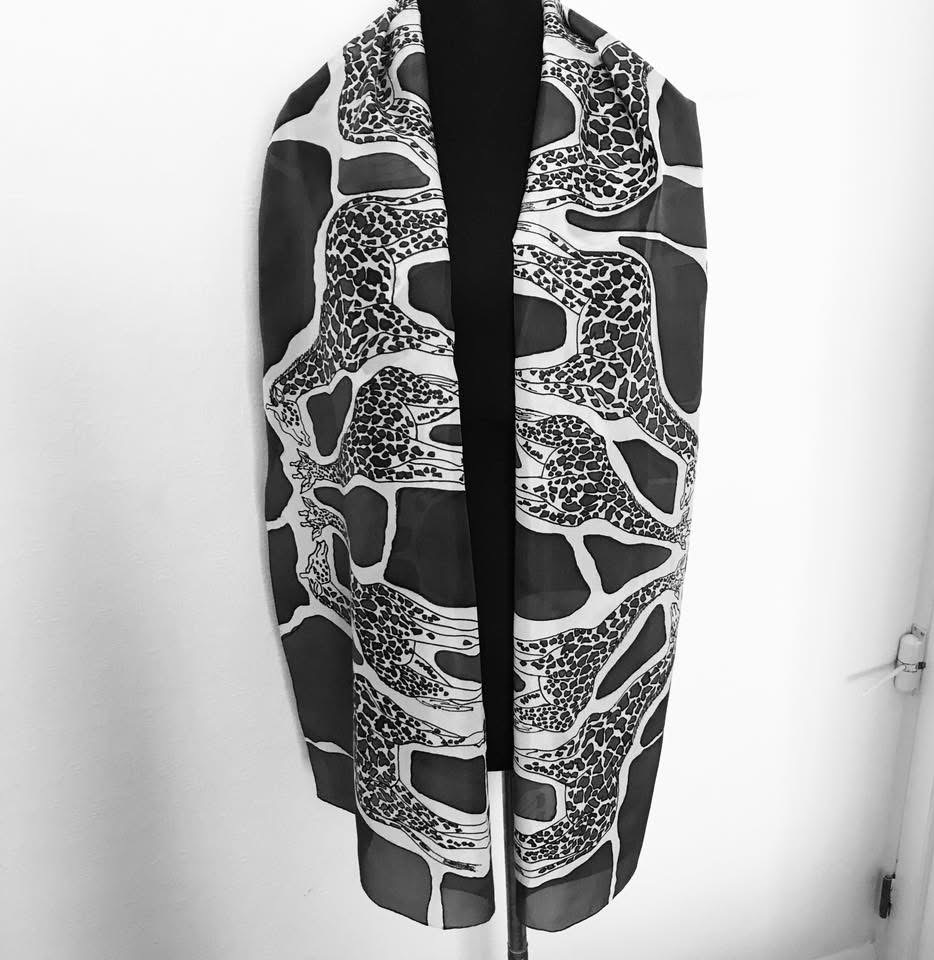 giraffe silk scarf photoshoot on model