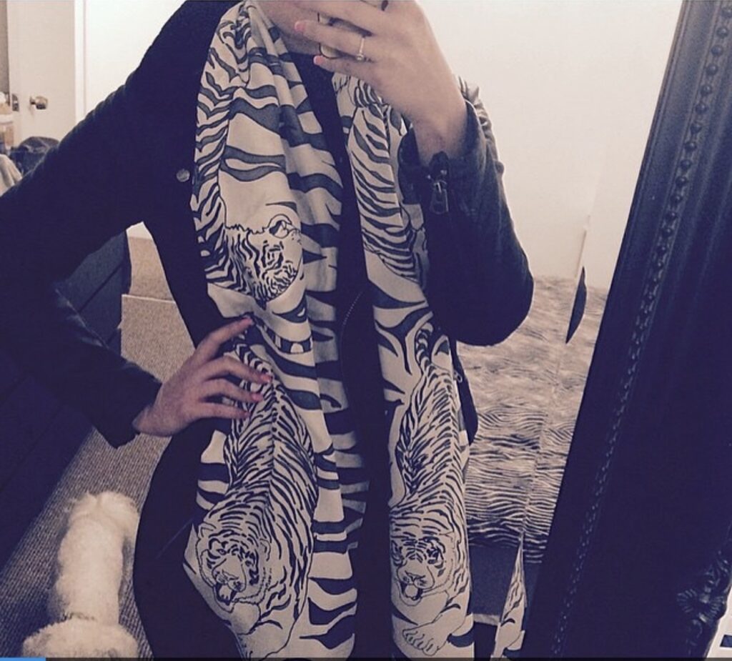 monochrome hand crafted silk scarf draped on mannequin luxury scarf UK