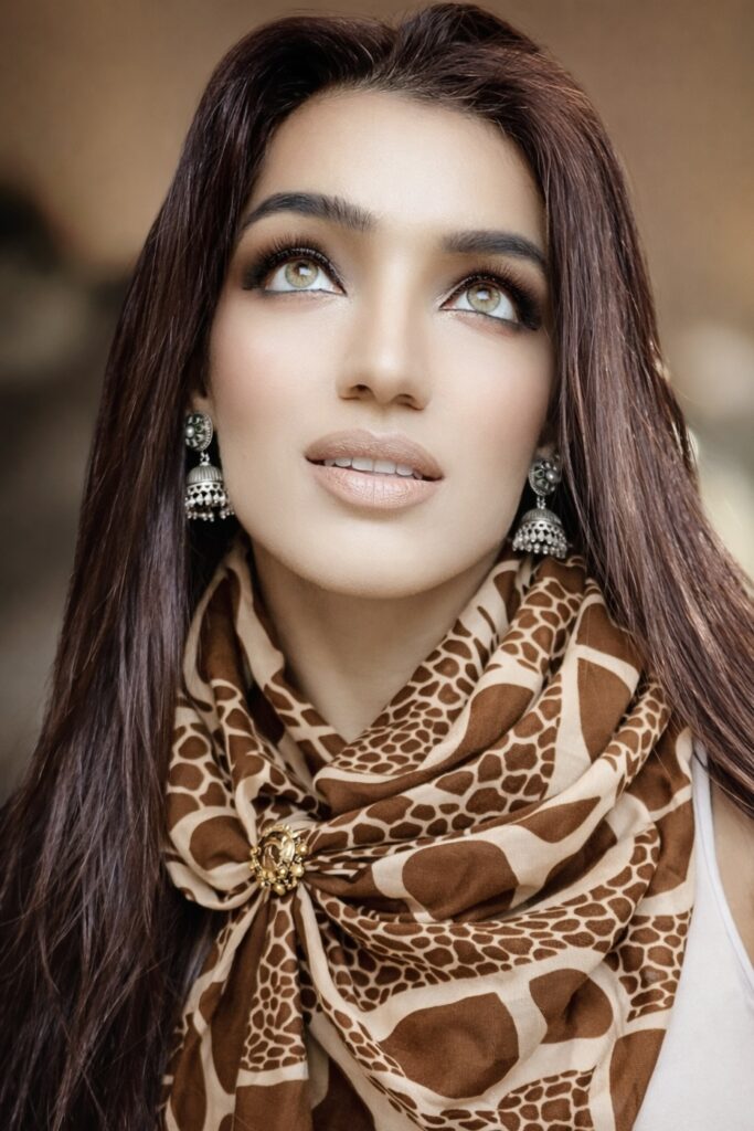 brown giraffe silk scarf ivory pattern Sutton Surrey atelier worn by Zen