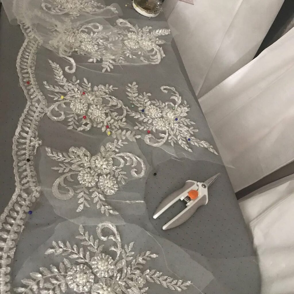 hand embroidered crystal embellishment couture dressmaker Surrey