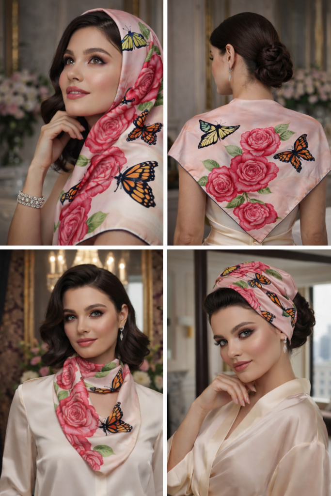 Hand-painted silk scarf with pink roses and butterflies on soft background, created for another client in Calgary