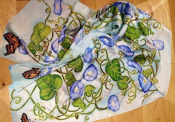 detailed hand painted silk scarf showing colour blending technique