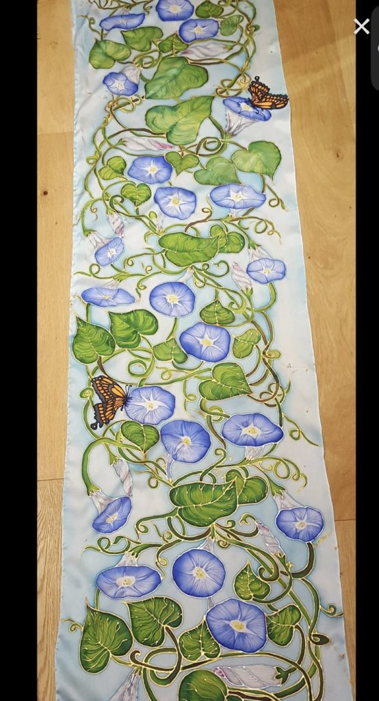 hand painted silk scarf floral design created in silk painting class Sutton