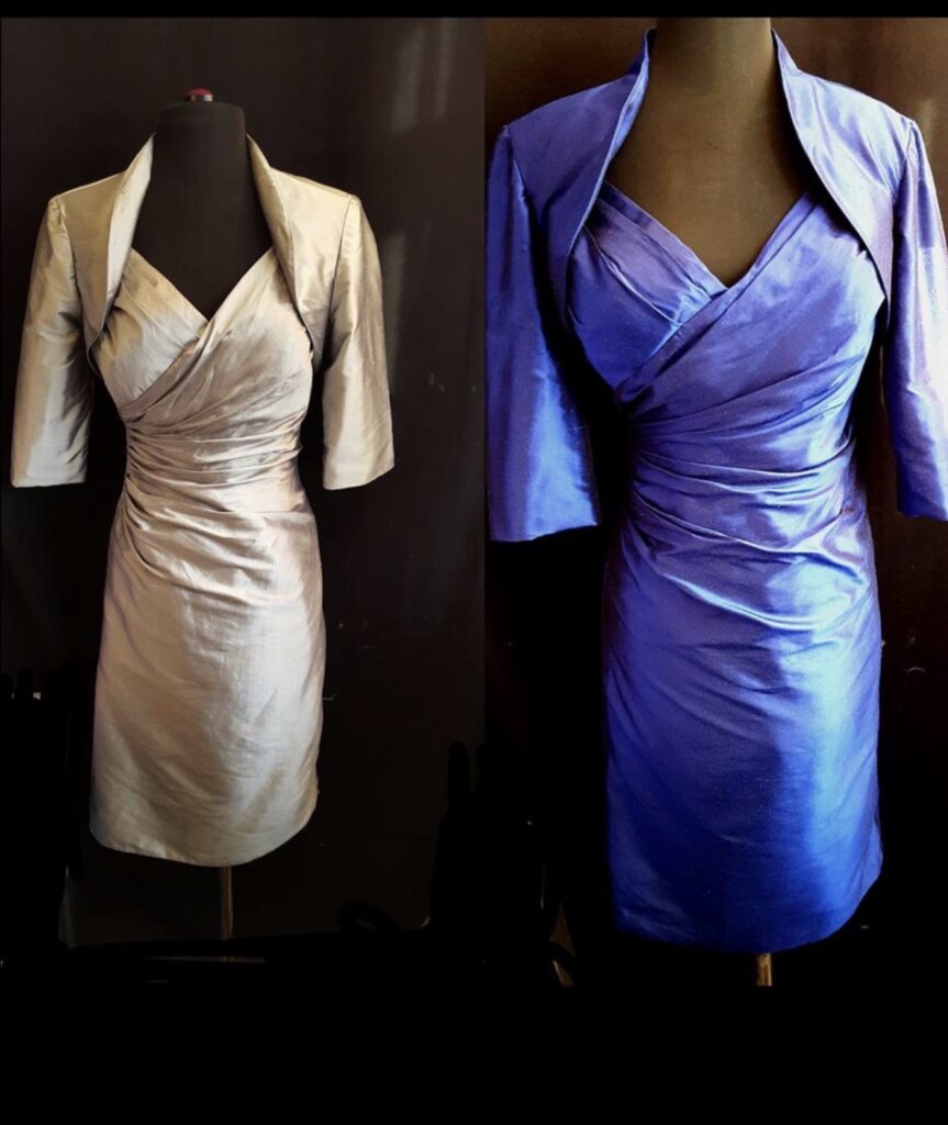 Bespoke mother of the bride dress Sutton in royal blue silk dupion with draped bodice and bolero