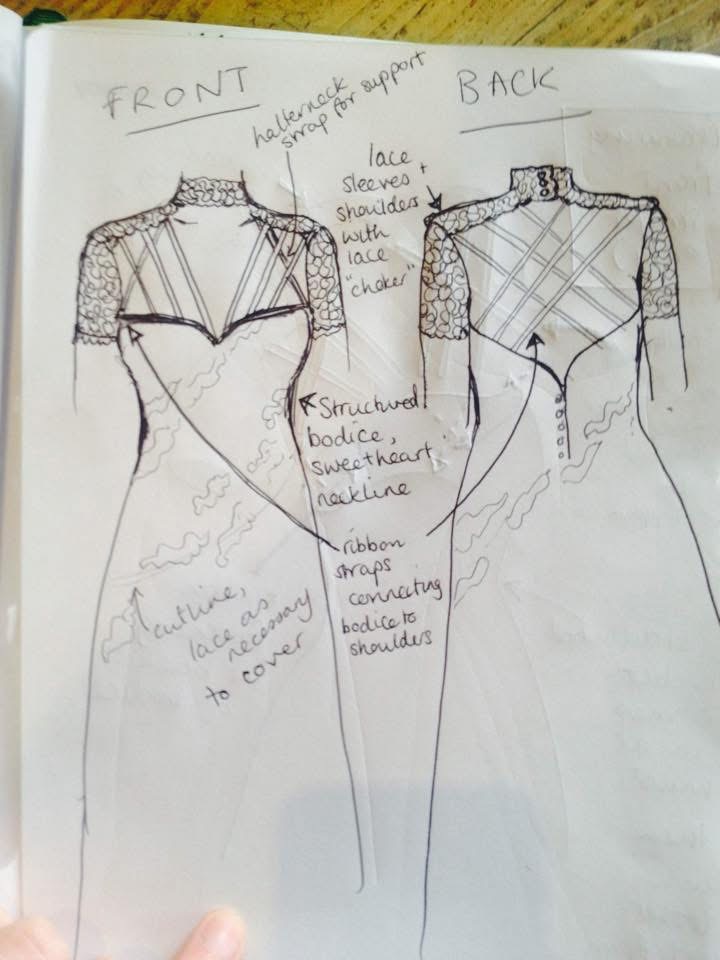 Bespoke bridal dress Sutton created from bride’s own sketch with structured fit and couture detailing