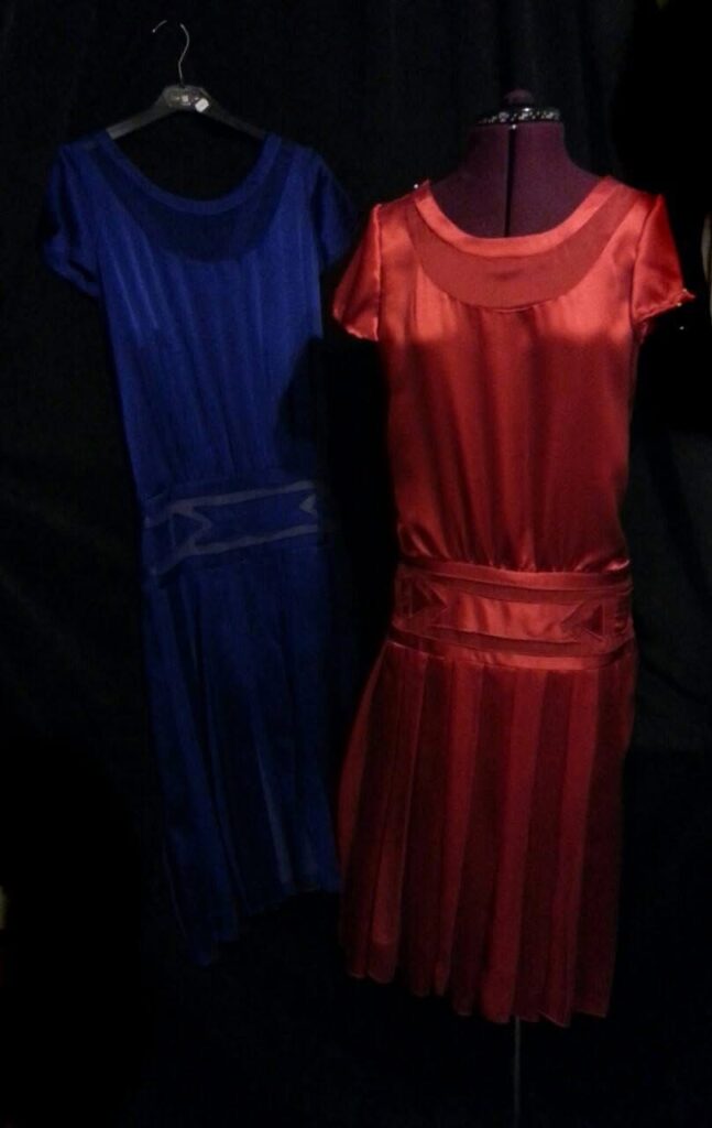 Bespoke red silk dress Sutton with draped bodice and soft pleated skirt