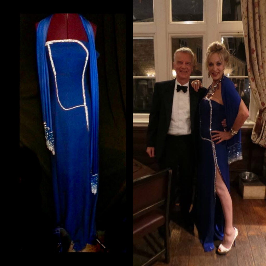 Bespoke blue evening dress Sutton with draped bodice and soft flowing silhouette