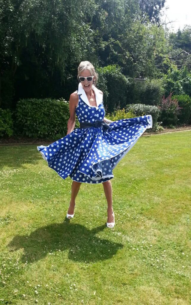 Polka dot dress full skirt movement bespoke dressmaker Surrey