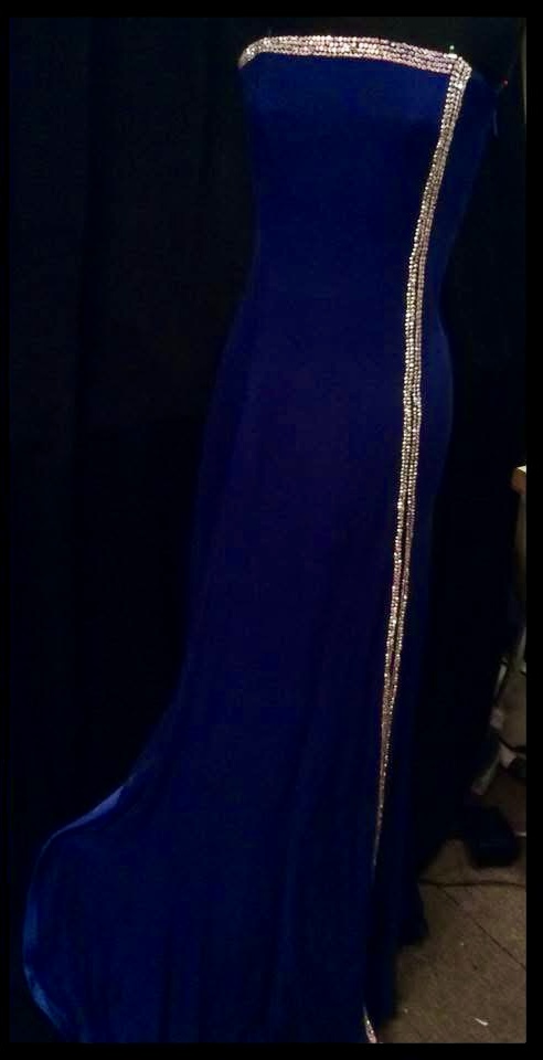 Revision of the embroidery detail for besoke blue silk and crinkle chiffon dress