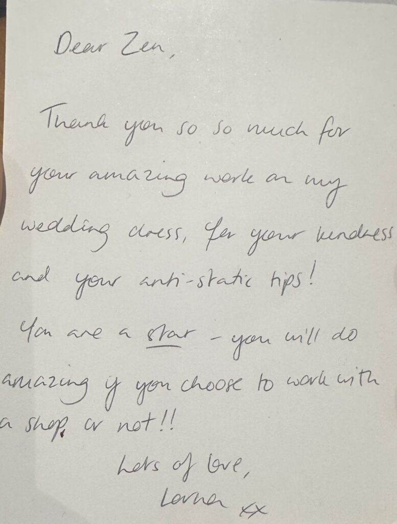 Bridal alterations testimonial handwritten bride thank you