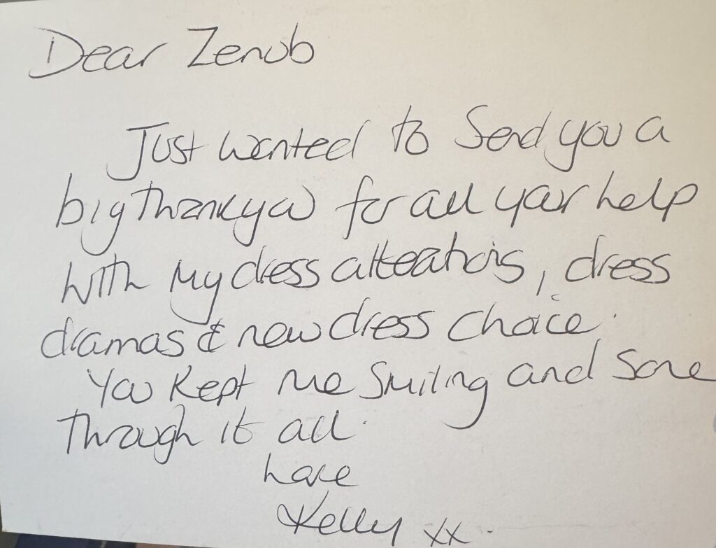 Bridal alterations reviews Bridal gown fitting expert testimonial handwritten