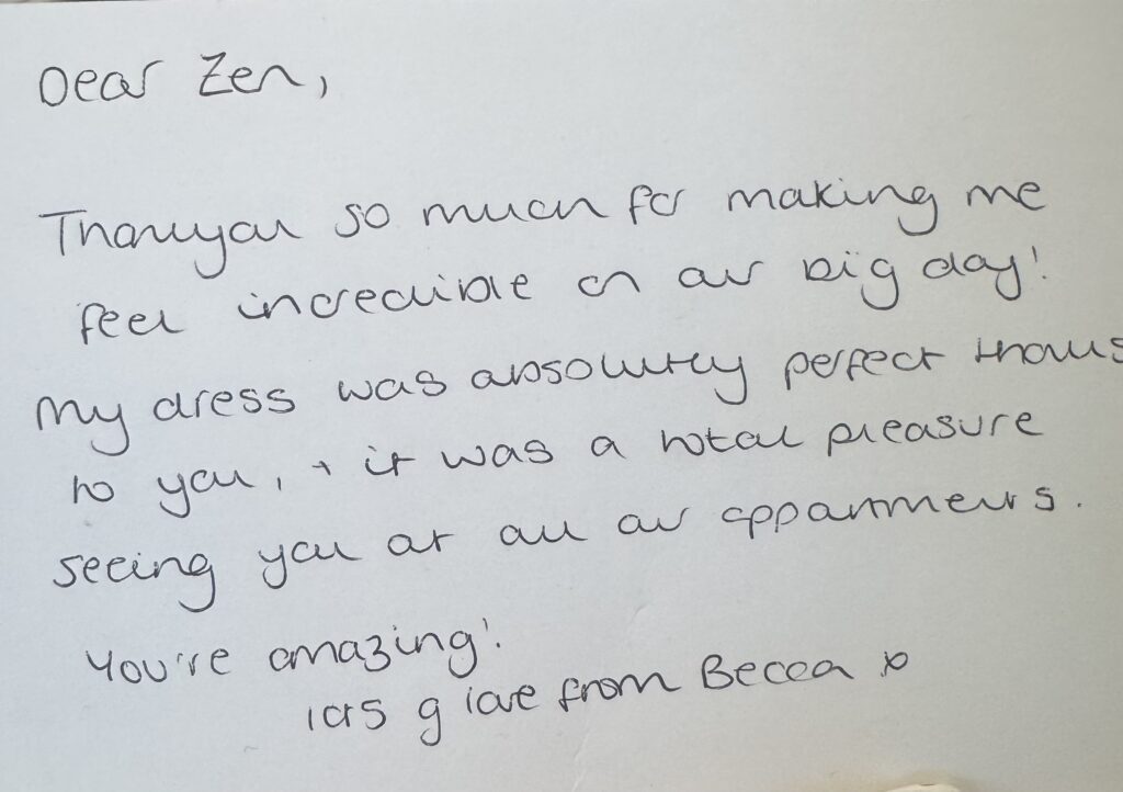 Bridal alterations Wallington handwritten testimonial