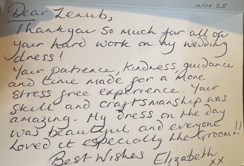 Bridal alterations client testimonial handwritten message