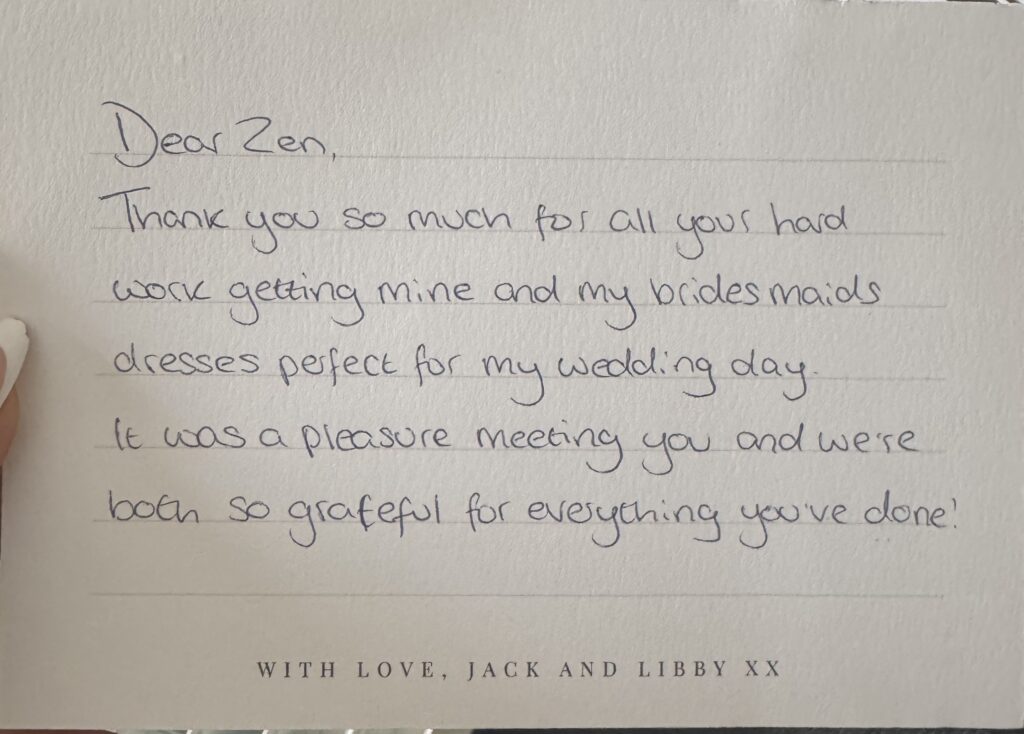 Bridal seamstress Surrey client handwritten review