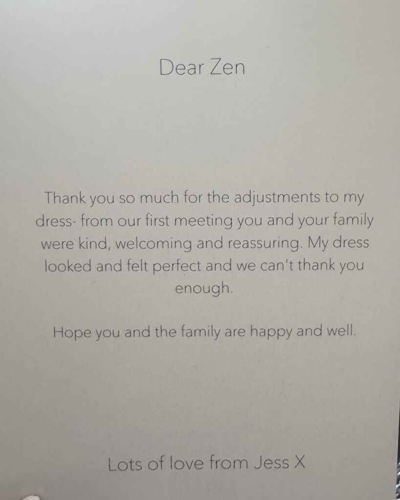 Wedding dress alterations Croydon bride thank you note
