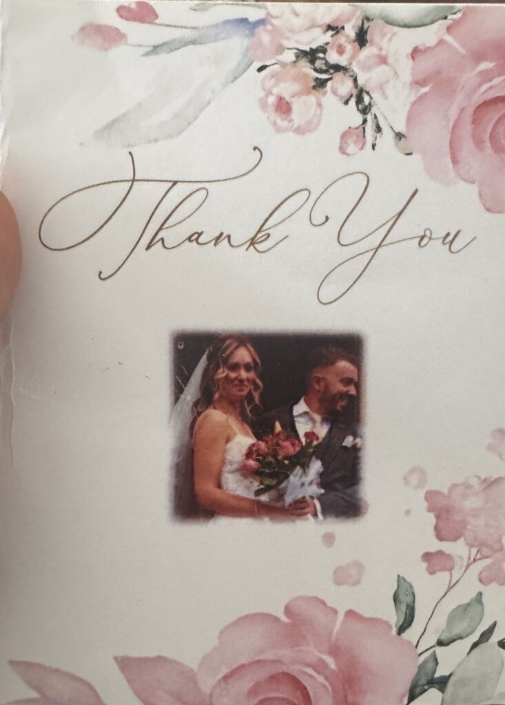 Wedding dress alterations review handwritten card Surrey