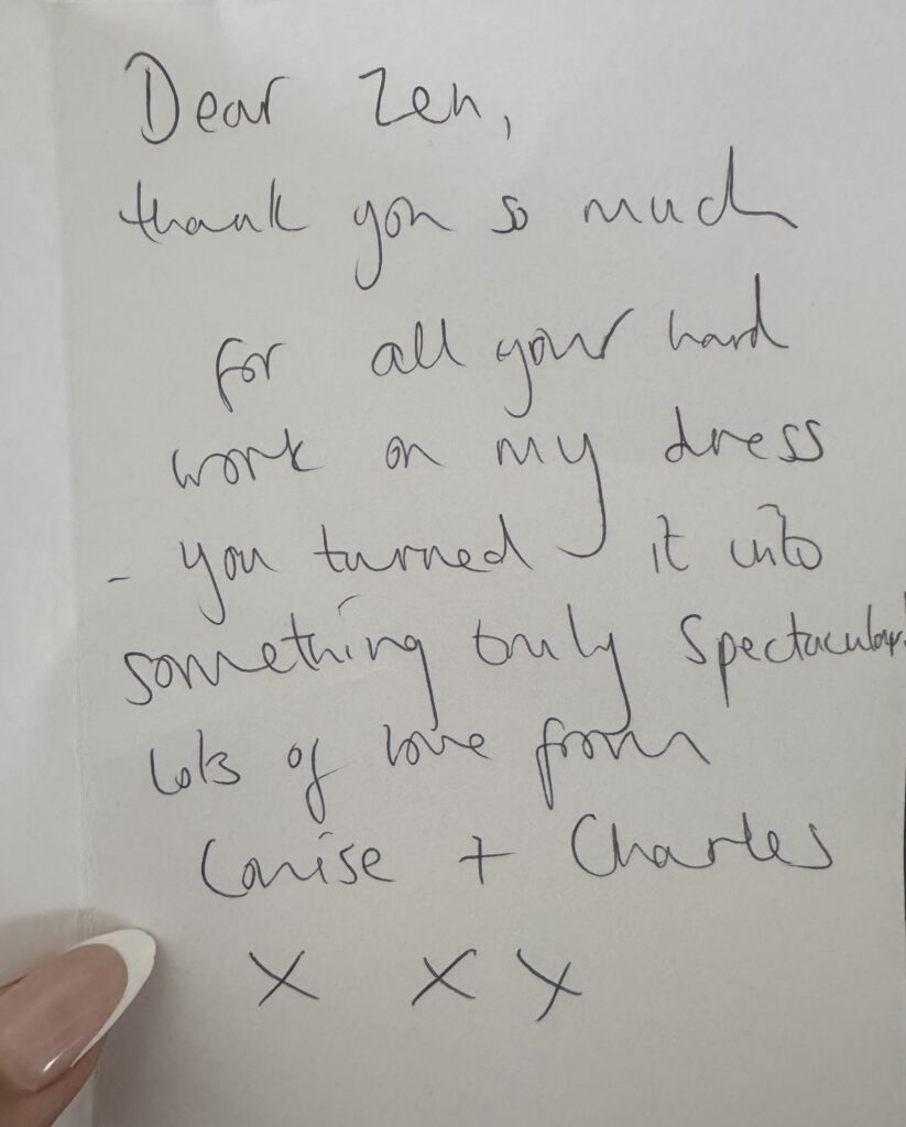 Bridal alterations testimonial handwritten note thank you Zen
