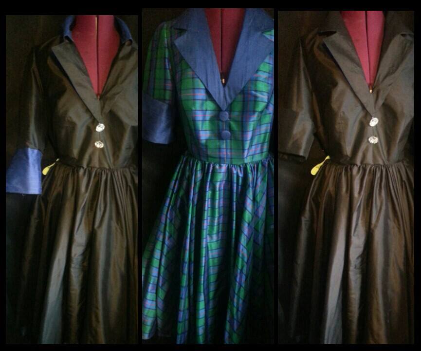 Reversible tartan dress black and blue Flower of Scotland silk bespoke Sutton Surrey