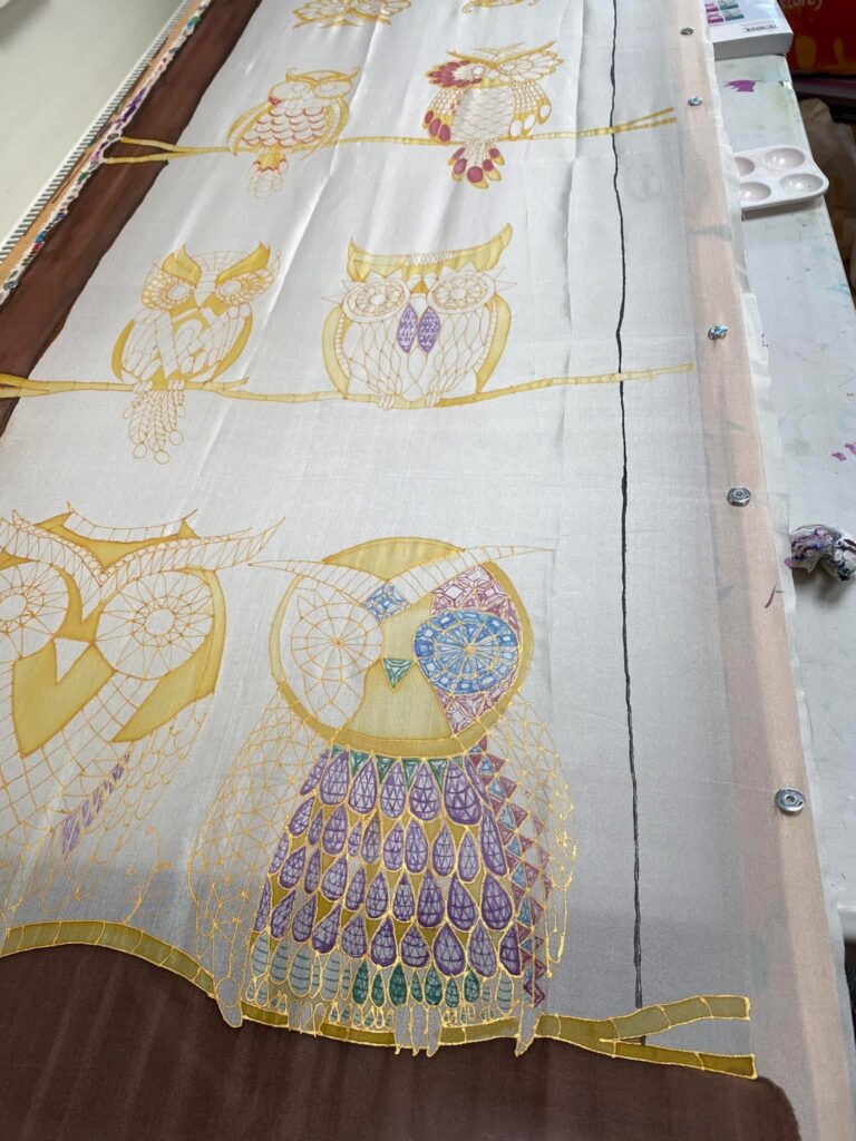 silk painting owl design gold resist outline on stretched silk frame