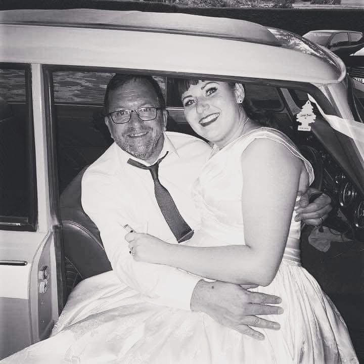 1950s wedding dress remodelled into modern t-length bridal gown black and white