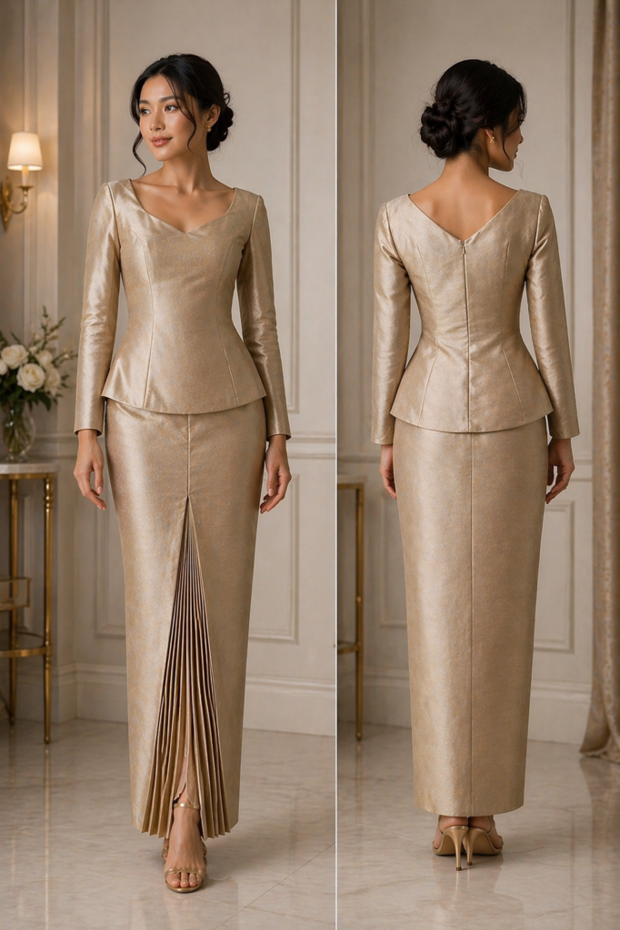 Bespoke Indonesian kebaya gold raw silk, Wimbledon client made in Sutton Surrey