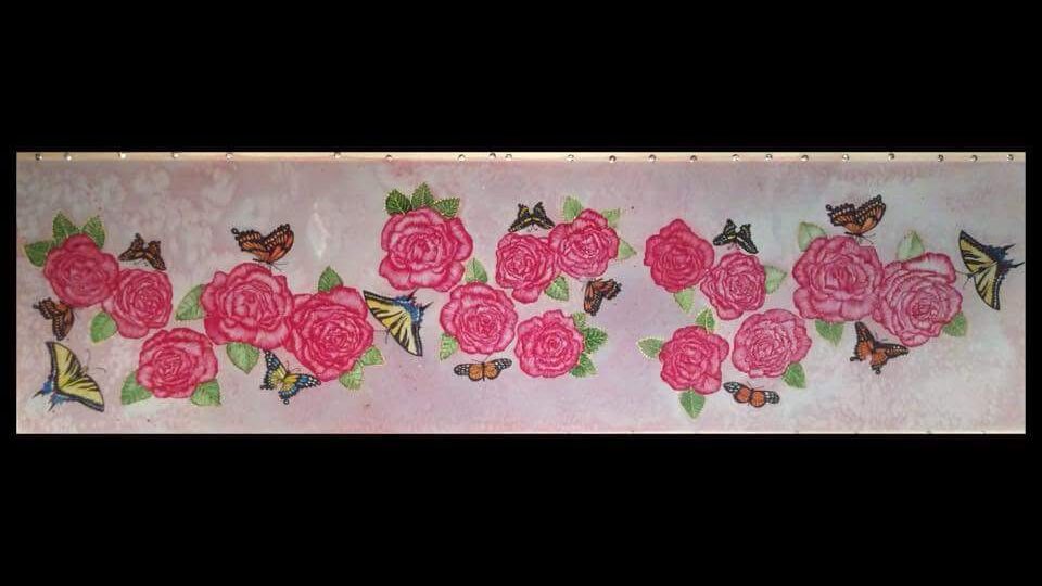 Hand-painted silk scarf with pink roses and butterflies on soft background full view, created in Sutton Surrey