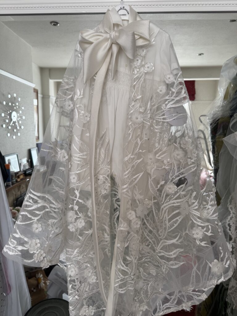 christening robe from wedding dress Wimbledon client lace overlay silk bow detail