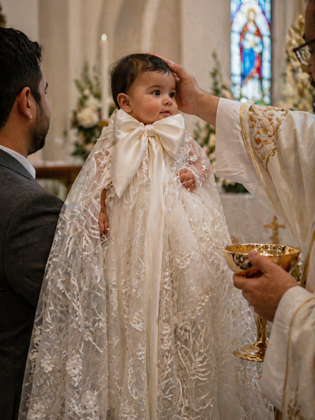 christening robe from wedding dress worn by toddler lace overlay silk bow detail