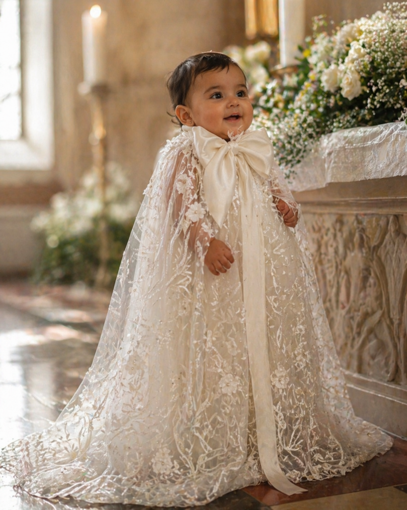 christening robe from wedding dress Wimbledon client worn by toddler lace overlay silk bow detail