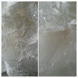unpicked lace wedding dress showing net structure before shortening