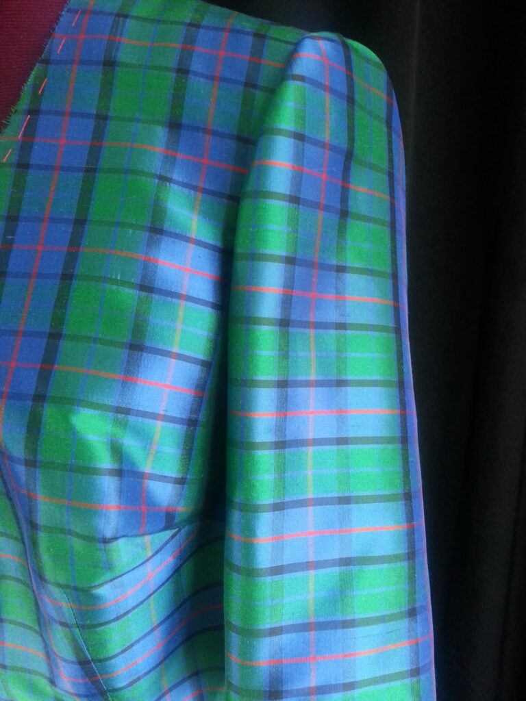 Tartan silk sleeve detail bespoke reversible dress construction