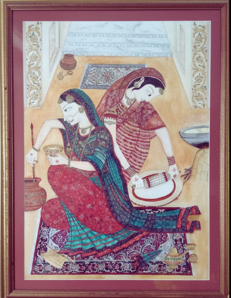 Miniature-inspired painting of two women in traditional attire, detailed textile patterns in watercolour, gouache and ink