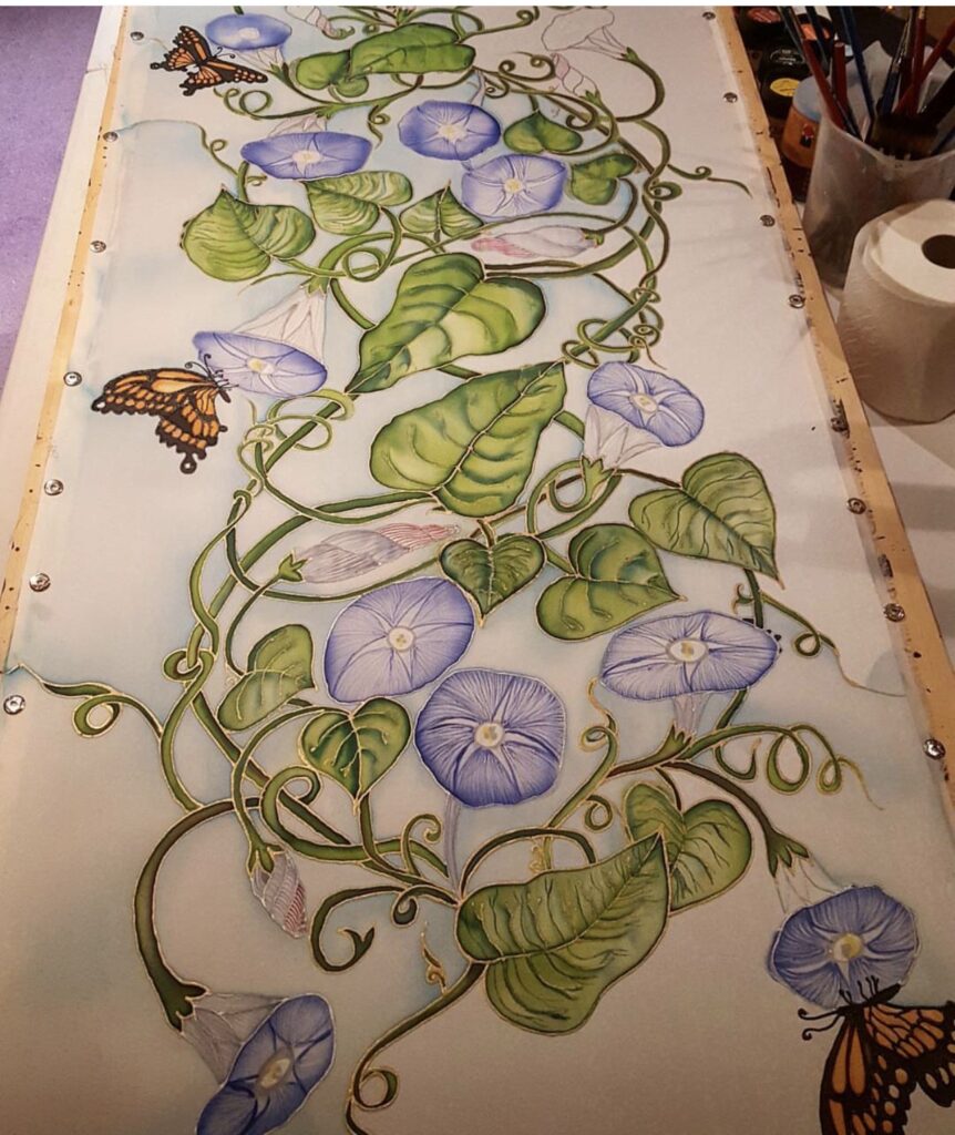 morning glory silk scarf worn styled silk wrap botanical design