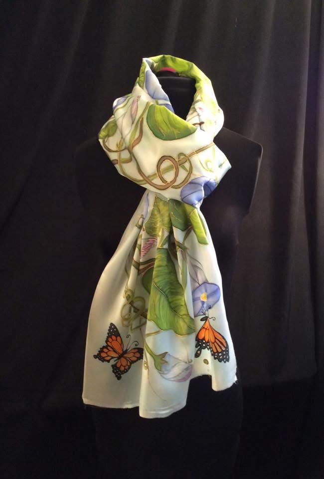 morning glory silk scarf detail hand painted vines and flowers