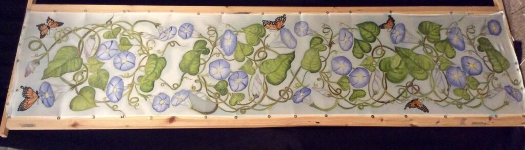 hand painted silk morning glory scarf with butterfly detail