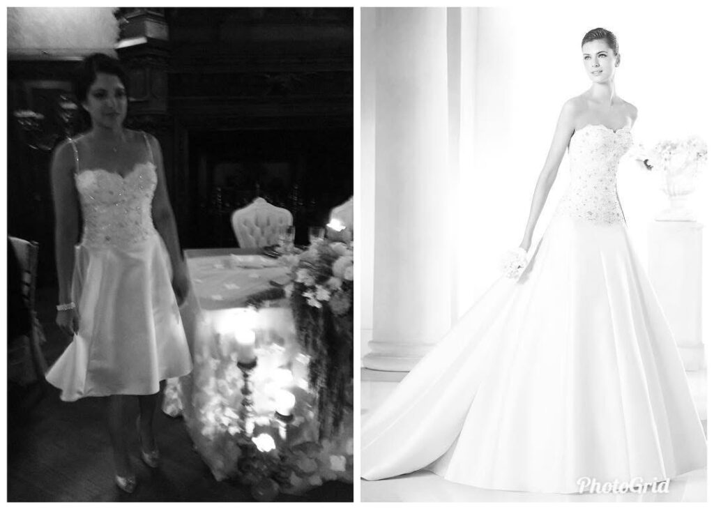 Ball gown to tea length wedding dress transformation before and after