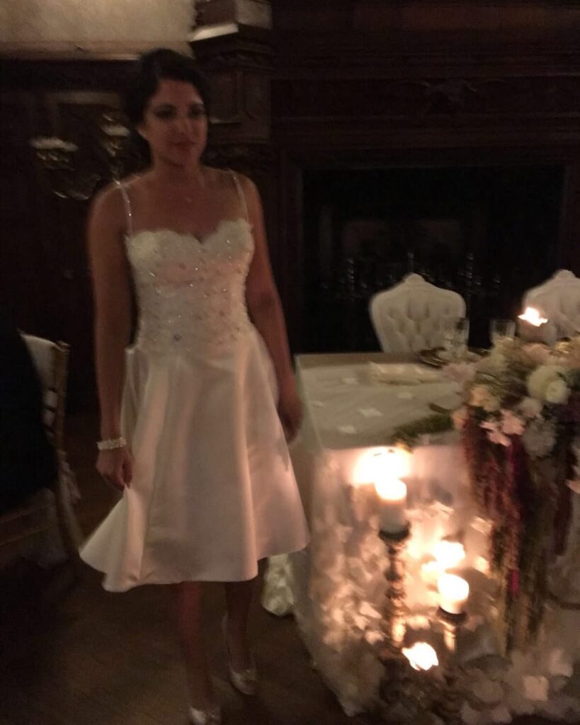 Ball gown to tea length wedding dress transformation Warlingham bridal alterations bride on the day