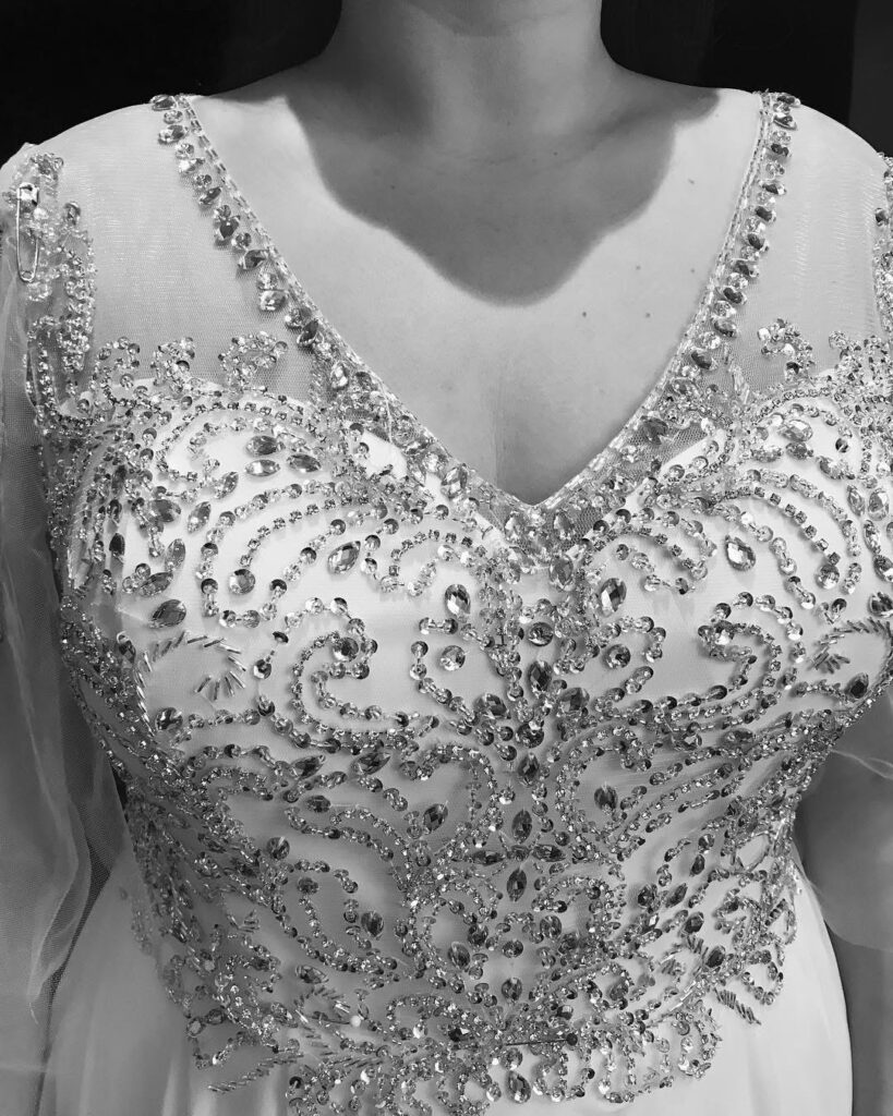 Crystal embroidered sleeves added to wedding dress during bridal alterations in Sutton Surrey