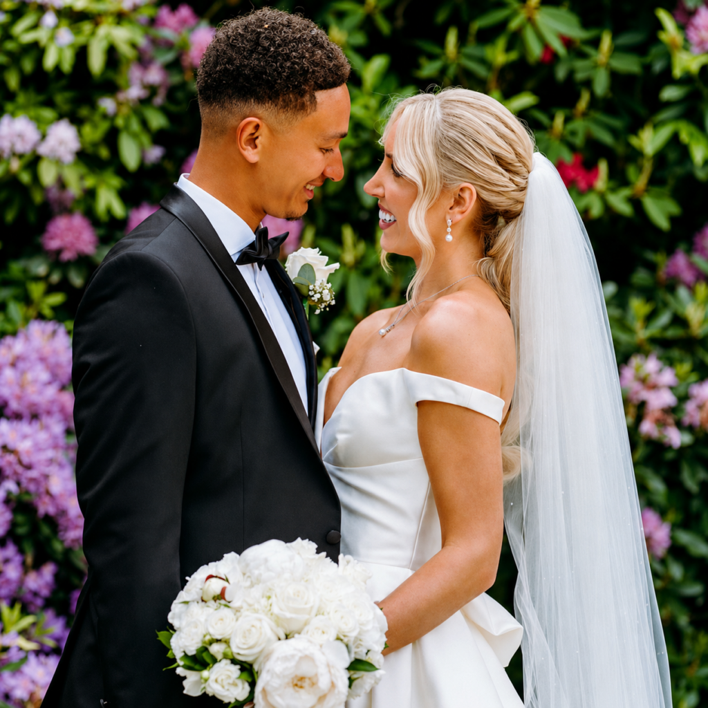 Bride wearing couture-fitted Abella by Allure wedding dress close up