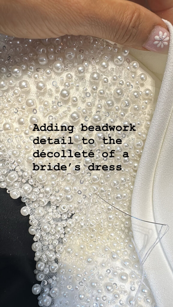 Hand-beaded décolleté detail on Edit By Aurora Janey wedding dress during Crawley bridal alterations
