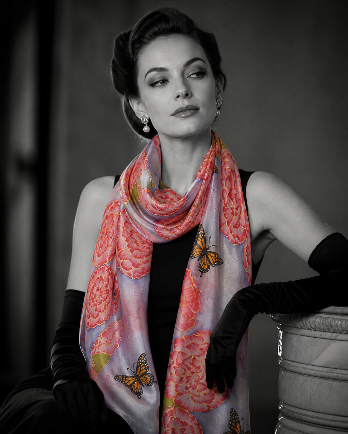 floral hand painted silk scarf close up worn styling