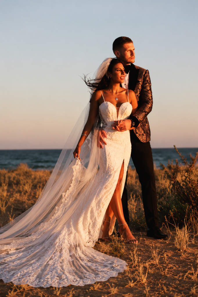 Beaded wedding dress alterations with couture front split and symmetrical lace detailing